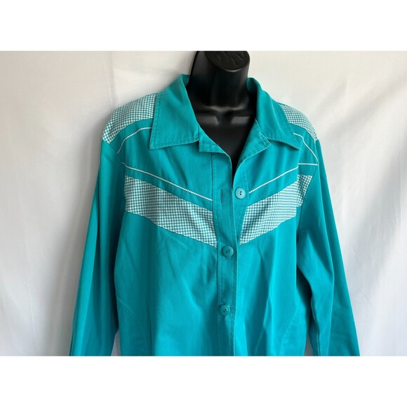 Vintage G.W. Gingham Turquoise Blue Shacket Button Down Quirky 80s Petite L - Picture 3 of 9